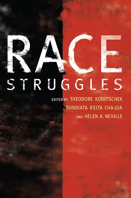 Book cover: "Race Struggles" with stark red and dark textured background.
