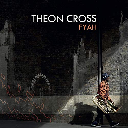 Album cover for Theon Cross’s “Fyah” featuring a musician with a tuba.