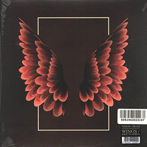 Vinyl record cover with a red, feathered wing design inside a frame.