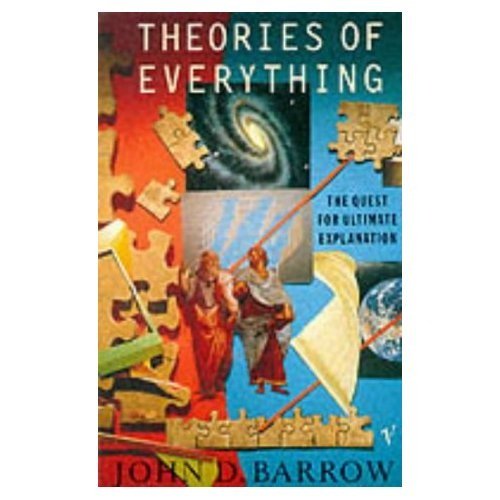 Book cover: "Theories of Everything" with figures, puzzles, and galaxies.