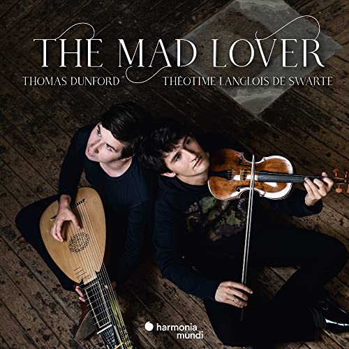 Two musicians with a lute and violin, album cover for “The Mad Lover”.