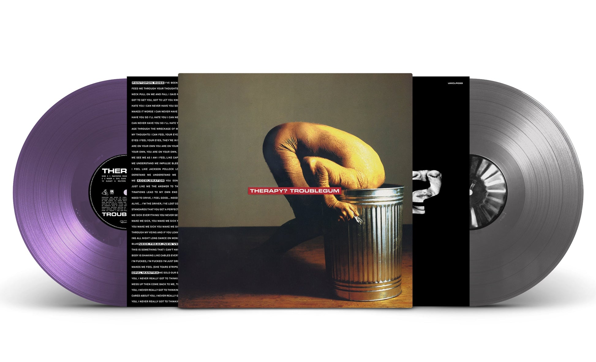 Two purple vinyl records with album cover featuring a person and trashcan.