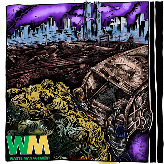 Illustration of a dystopian cityscape amidst piles of trash and debris.