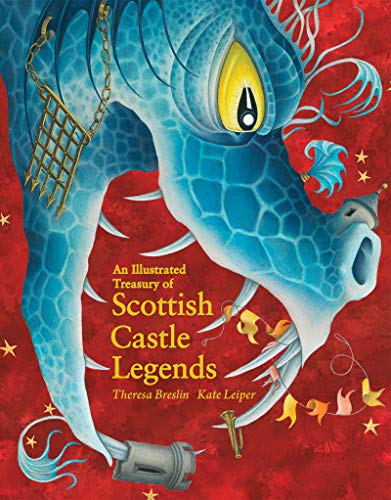 Book cover: blue dragon, Scottish castle legends, red background, illustrated.