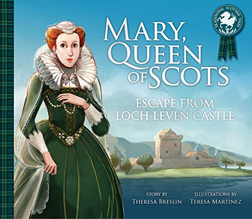 Book cover illustration of Mary, Queen of Scots standing before a castle and lake.