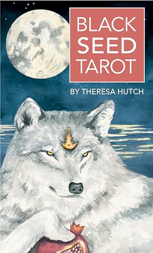 “Black Seed Tarot” book cover with a wolf, moon, and pomegranate illustration.