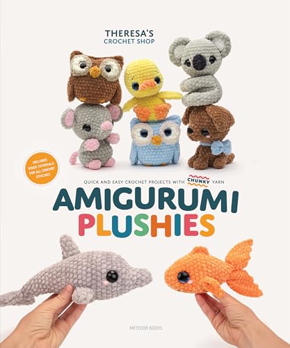 Book cover featuring various crocheted animal plushies made from chunky yarn on white background.