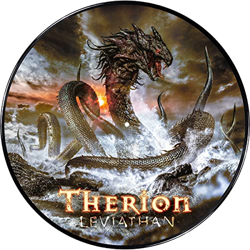 A sea serpent emerges from ocean waves with the text Therion Leviathan below.