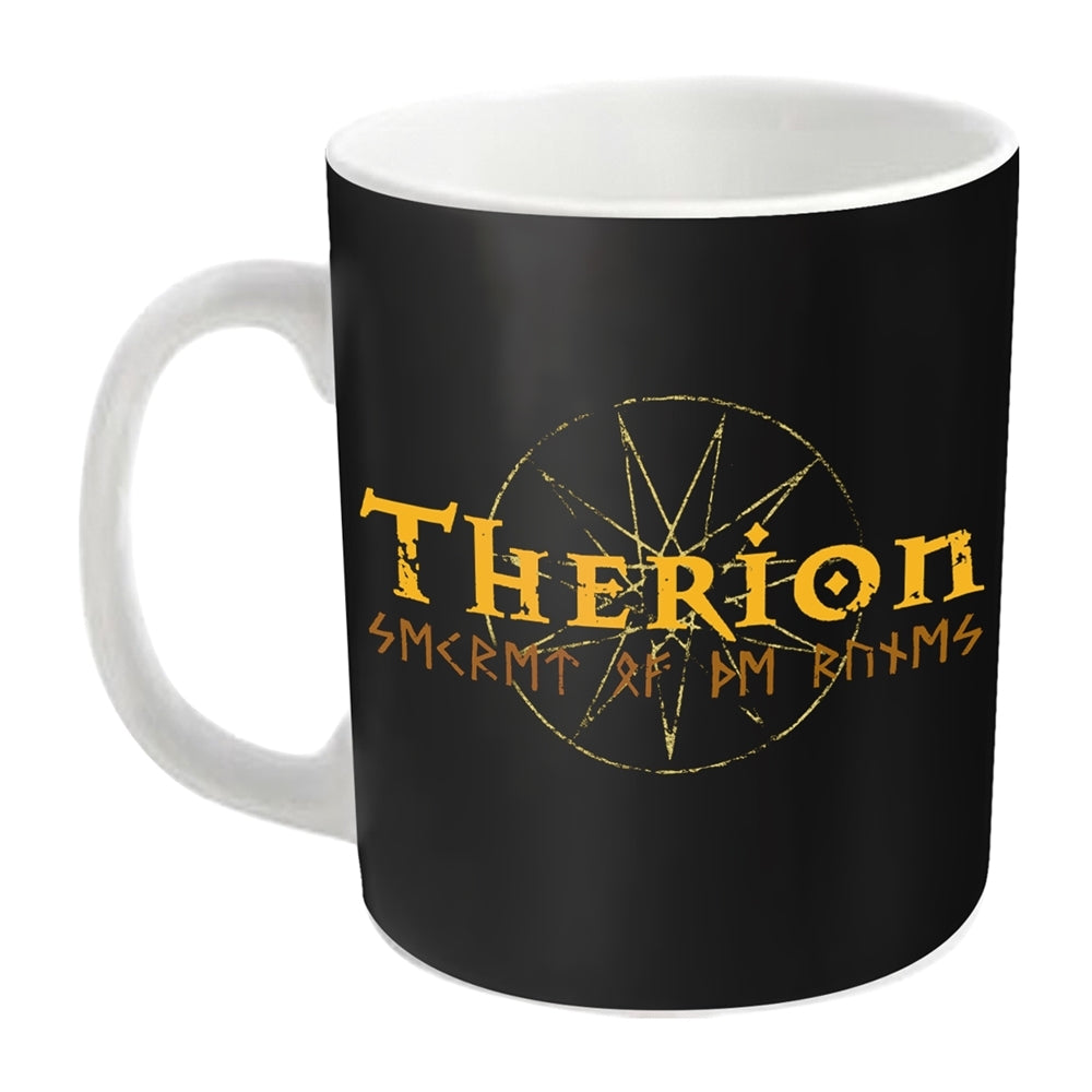 Black mug with gold text "THERION - SECRET OF THE RUNES" and pentagram.