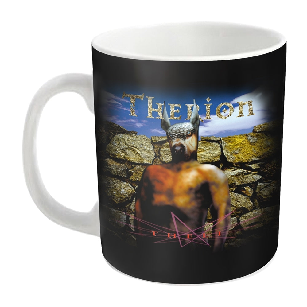 White mug displaying Therion album art: a jackal-headed figure.