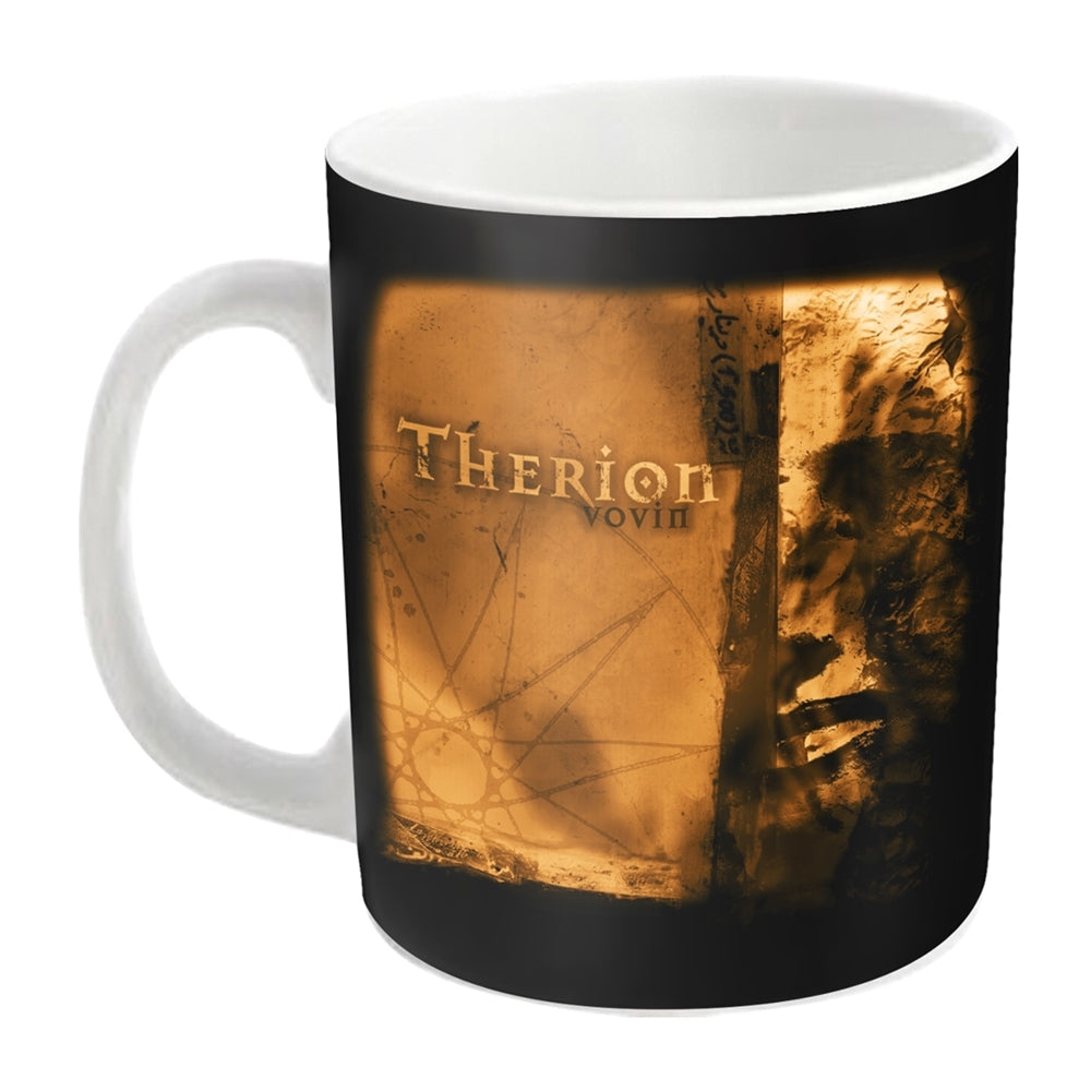 Black mug with album art for Therion’s “Vovin,” featuring a face.