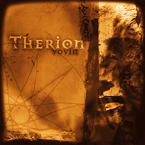 Therion "Vovoin" CD cover: sepia-toned abstract design with text and geometric shapes.