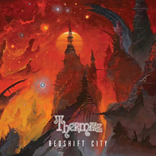 Red and orange fantasy cityscape with album title "Redshift City".