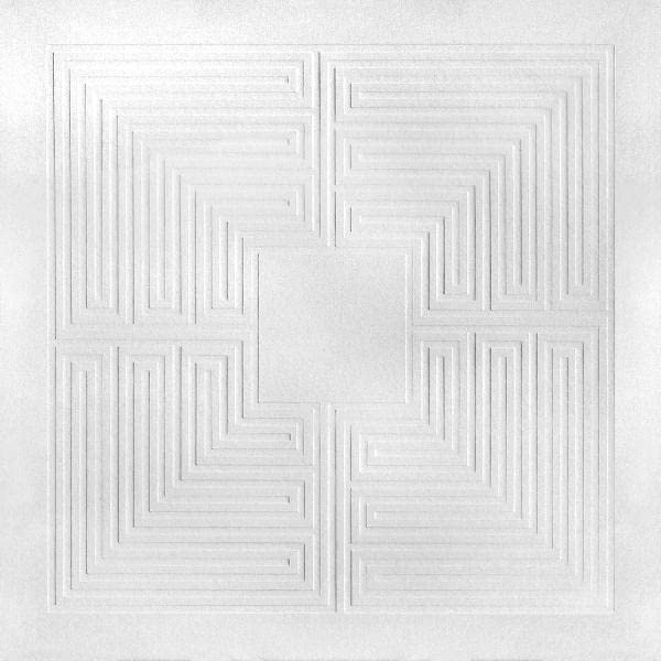 Embossed white square with a complex, maze-like pattern at its center.