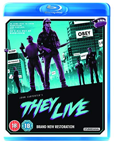 They Live" Blu-ray cover featuring Roddy Piper with a shotgun in a city scene.