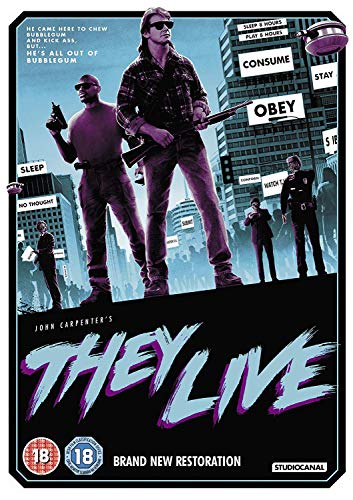 “They Live” DVD cover: man in sunglasses with guns, city background, text overlay.