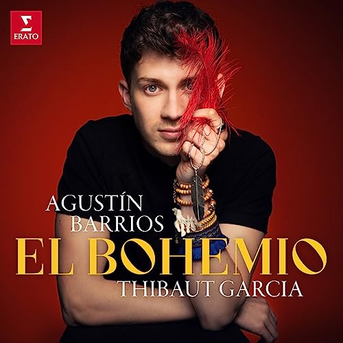 Thibaut Garcia portrait for the album “El Bohemio” with red feathers.