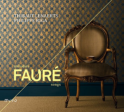 CD cover with ornate chair against a patterned blue and gold wall.