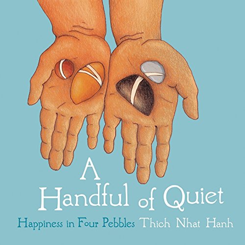 Hands holding four colorful pebbles, book cover with title and author.