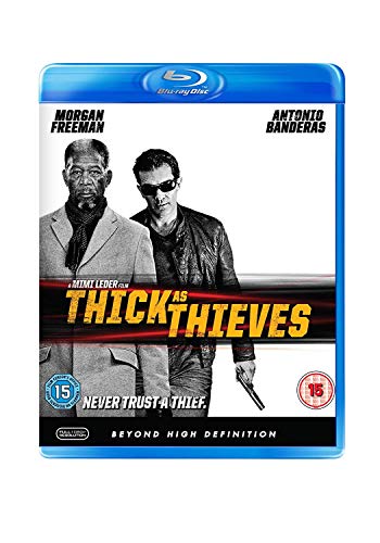 Blu-ray cover for Thick as Thieves featuring Morgan Freeman and Antonio Banderas.