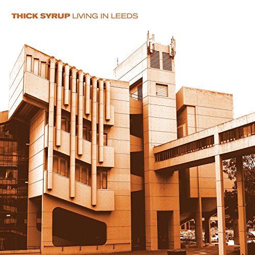 Brutalist architecture in sepia tones, album cover for Thick Syrup.