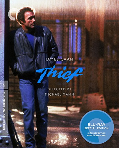 Blu-ray cover for Thief featuring James Caan in a leather jacket under rain.