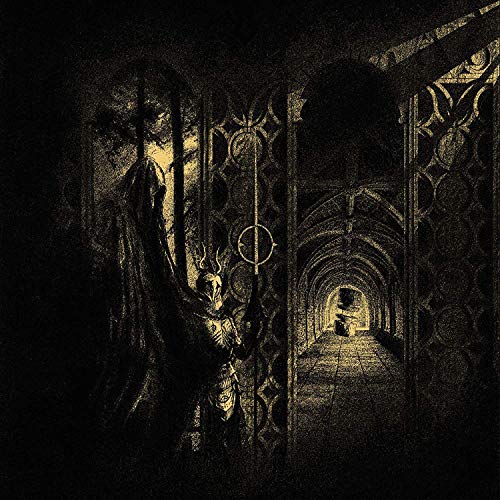 Dark, textured illustration of a hallway with a cloaked figure.
