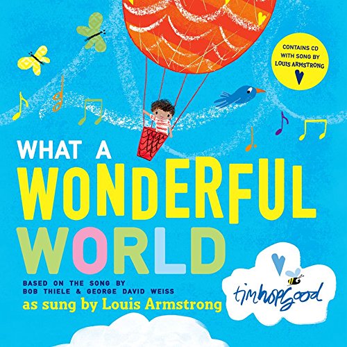 Book cover with a child in a hot air balloon, butterflies, and music notes.