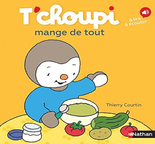 Children’s book cover featuring T’choupi with a bowl of food.