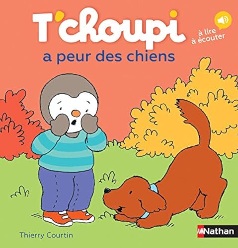 Penguin T'choupi looks scared as a red dog approaches playfully.