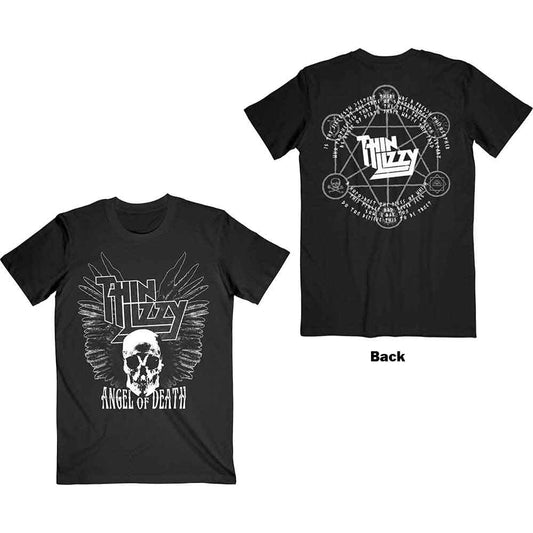 Black t-shirt with white "Thin Lizzy" and skull graphic on front and back.