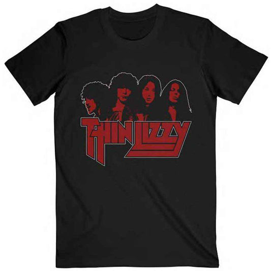 Black unisex t-shirt featuring a vintage Thin Lizzy band photo and logo graphic.