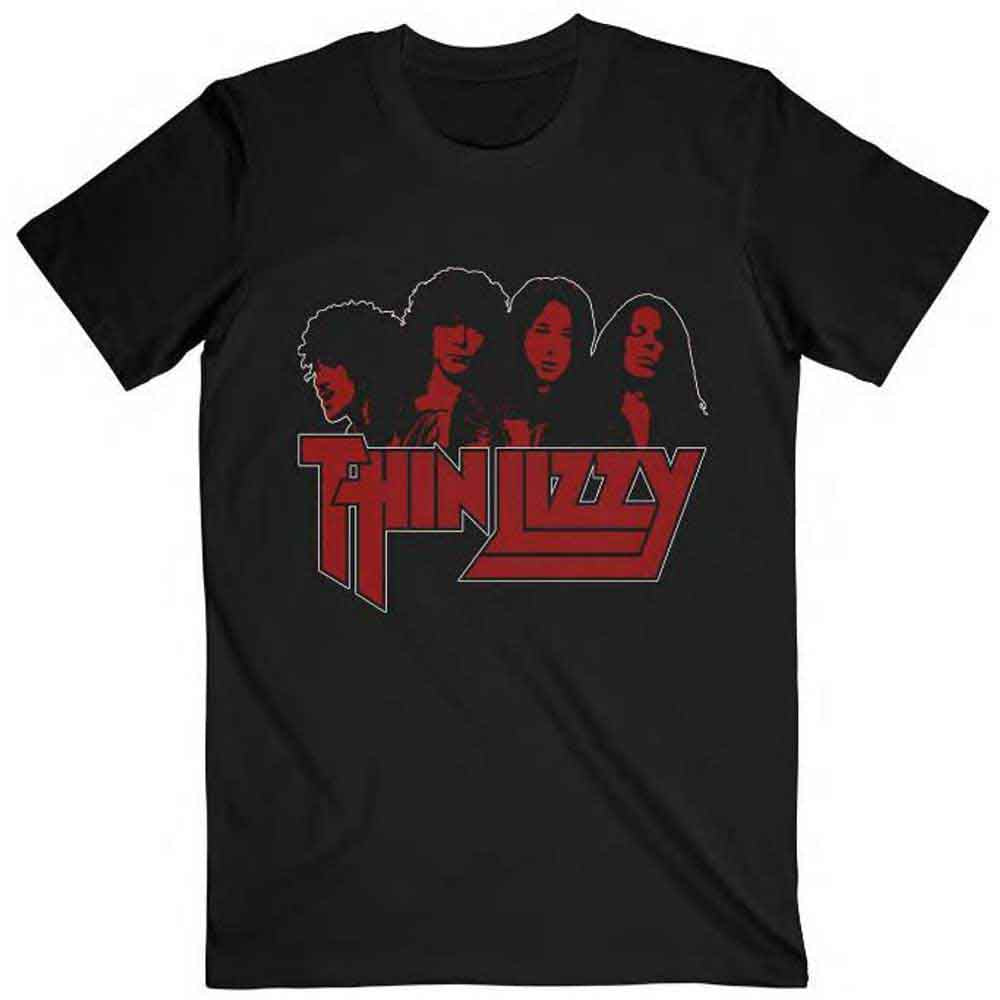 Black unisex t-shirt featuring a vintage Thin Lizzy band photo and logo graphic.