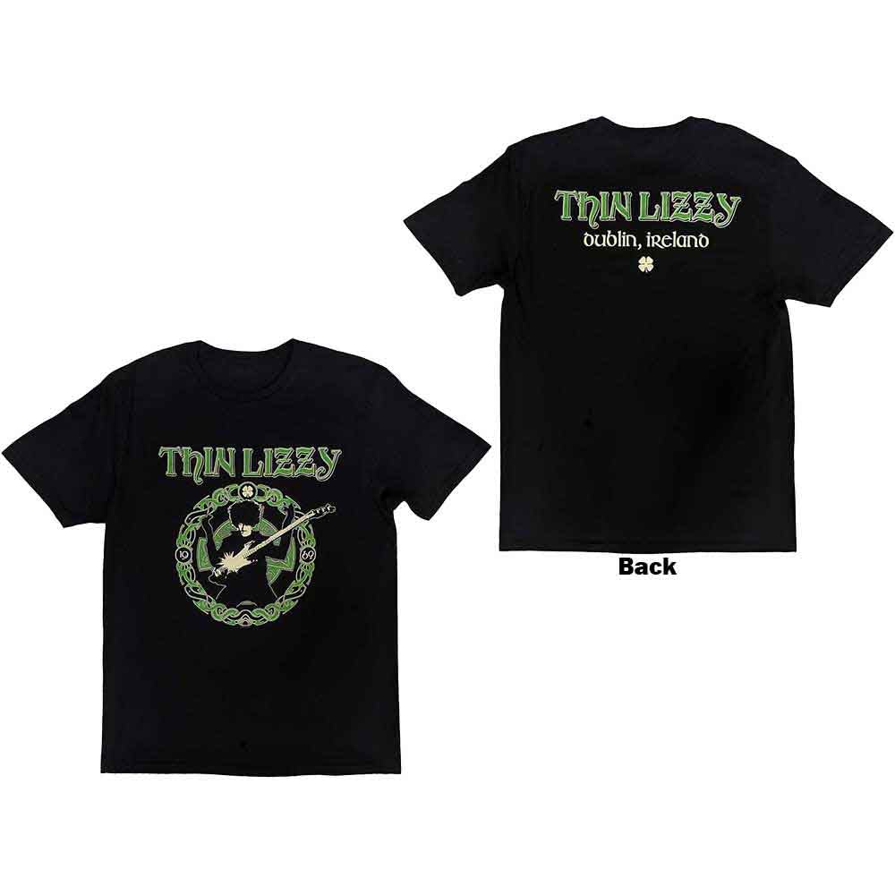 Black t-shirt with a Celtic ring design printed on the back.
