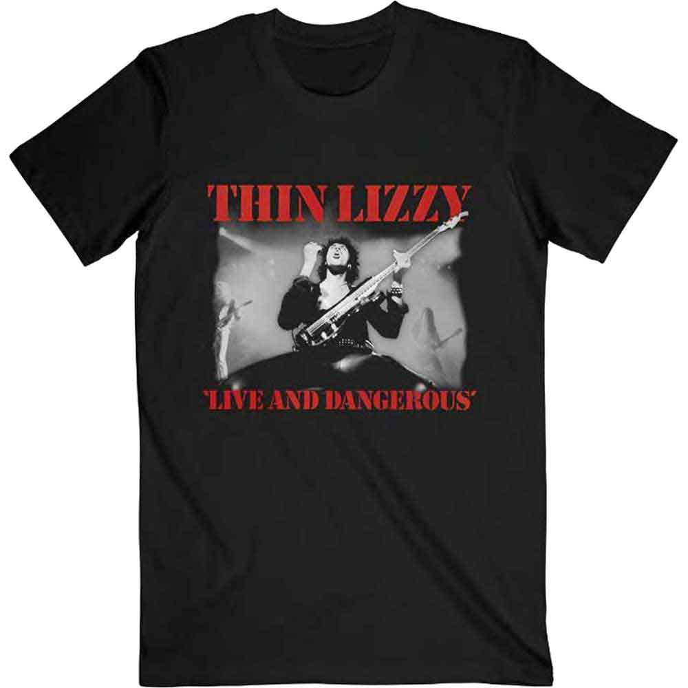 Black t-shirt featuring "Live & Dangerous" album artwork by Thin Lizzy.