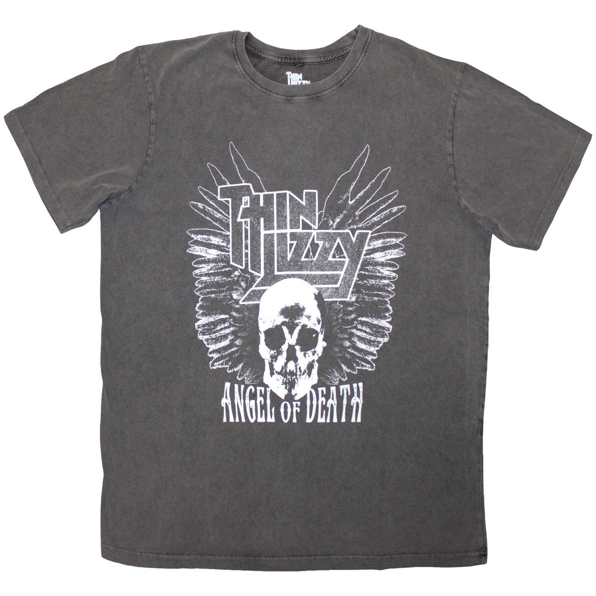 Charcoal grey unisex stone wash t-shirt featuring a Thin Lizzy Angel of Death graphic.