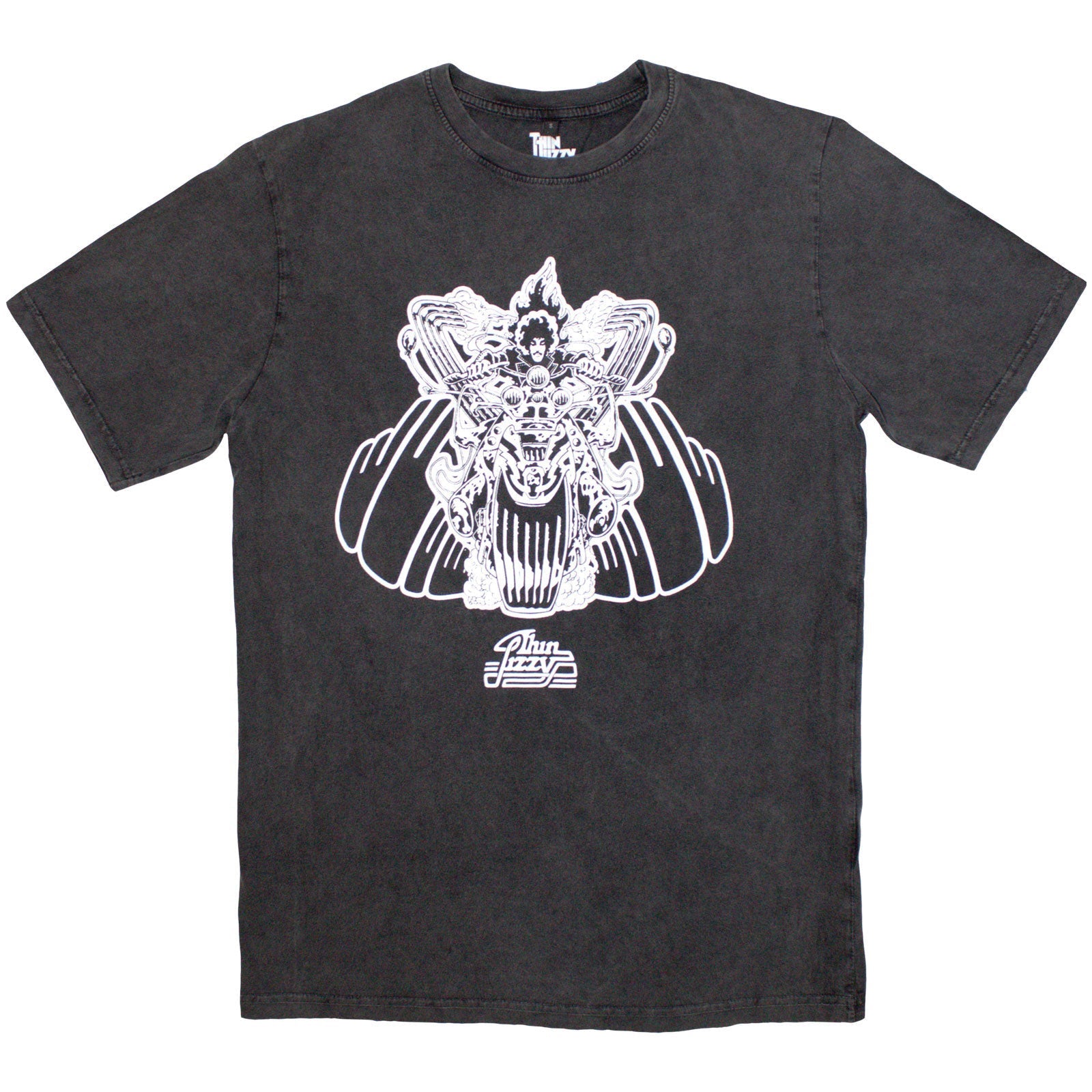 Black t-shirt with a white graphic of a rocker and band logo.