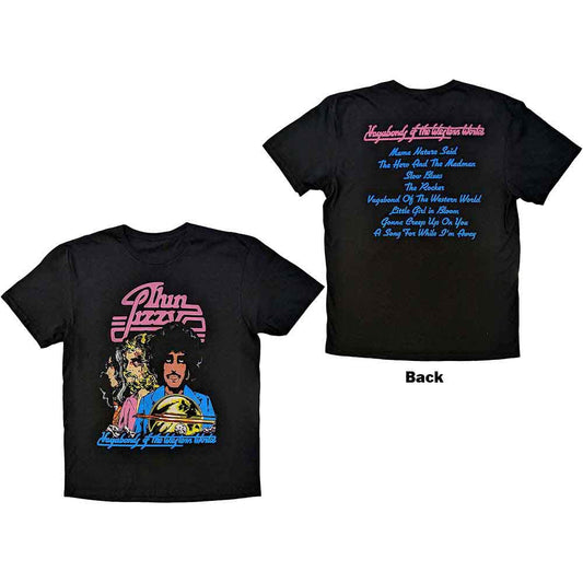 Black t-shirt with white back print of Thin Lizzy's "Vagabonds of the Western World" tracklist.