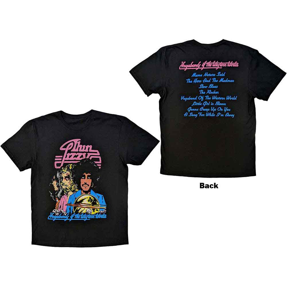 Black t-shirt with white back print of Thin Lizzy's "Vagabonds of the Western World" tracklist.