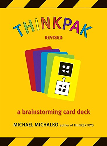 Yellow card deck with colorful cards and geometric designs, titled "THINKPAK".