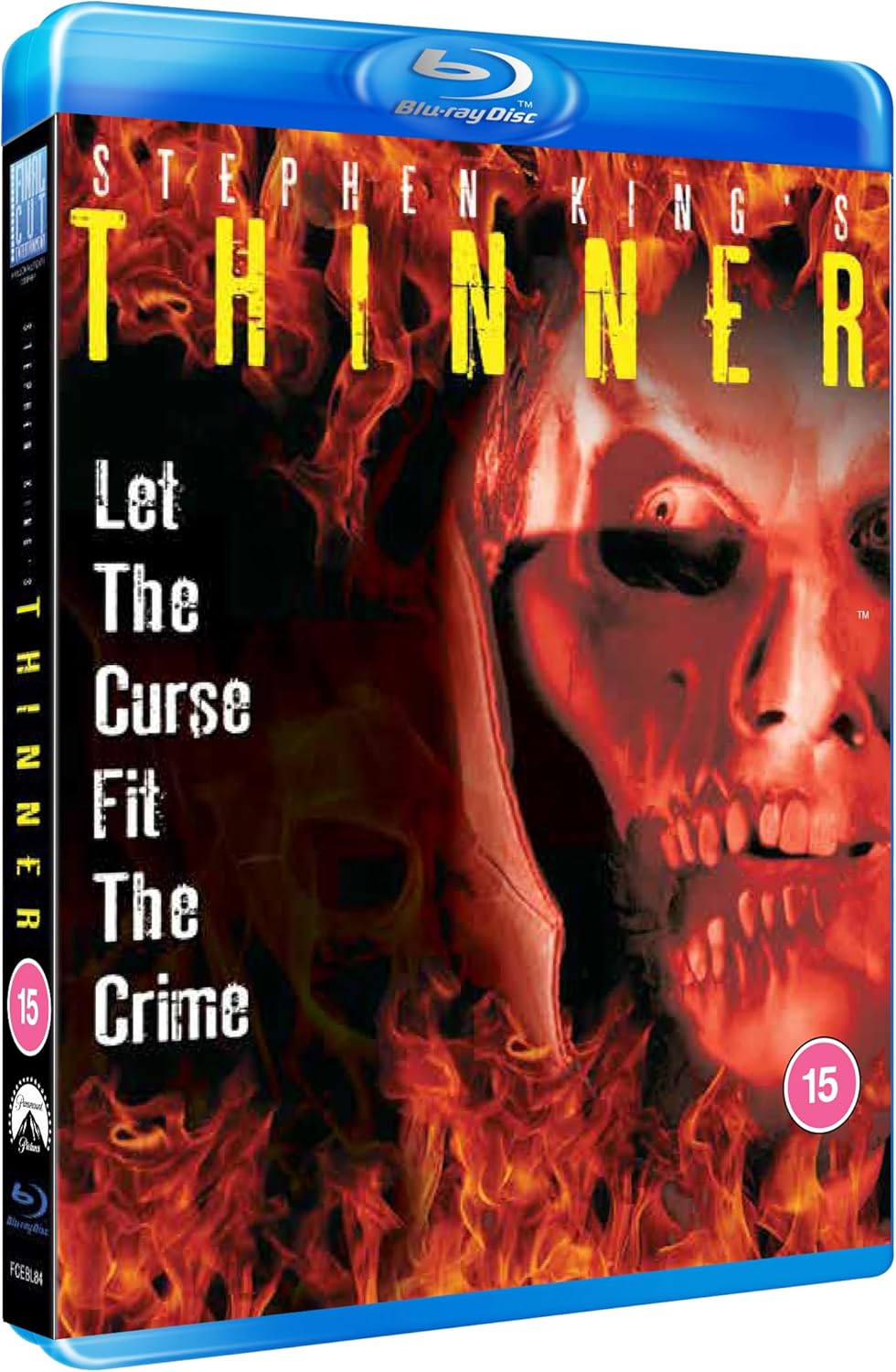 Blu-ray cover for Stephen King’s “Thinner” featuring a menacing, distorted face.