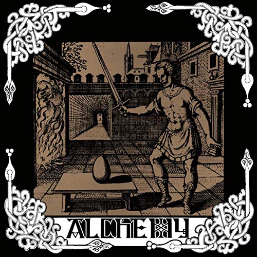 Vintage-style album cover depicting a man with a sword in a courtyard.