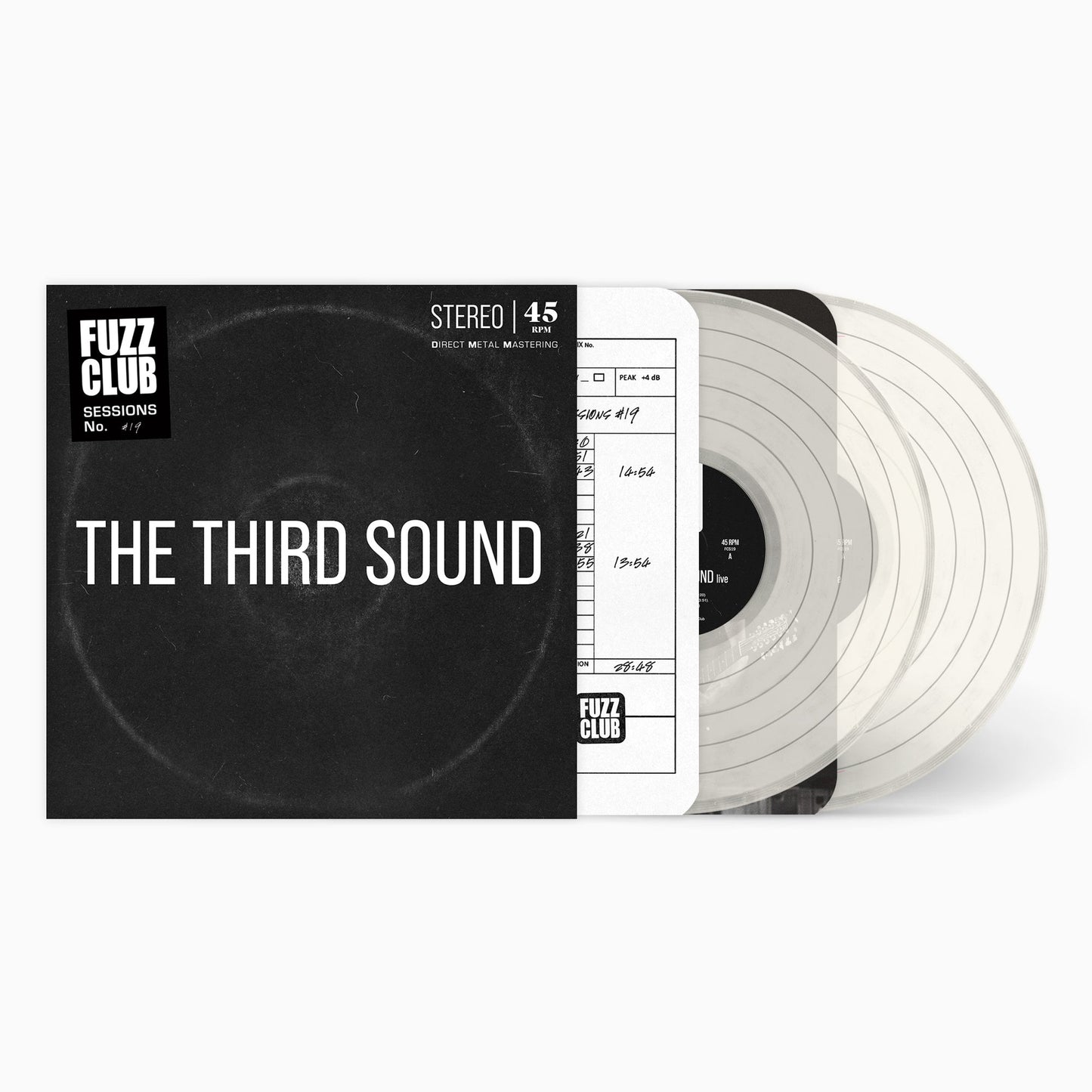 Clear vinyl record with black center label and white jacket, text visible.