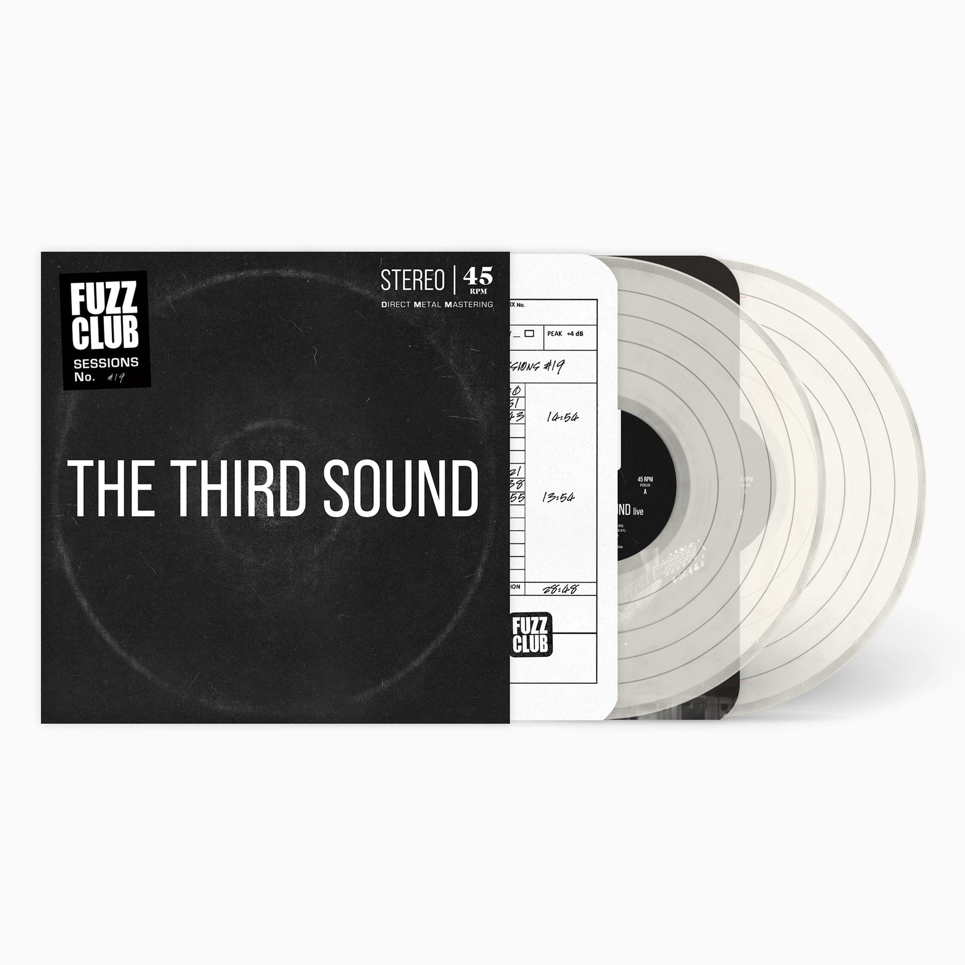 Clear vinyl record with black center label and white jacket, text visible.