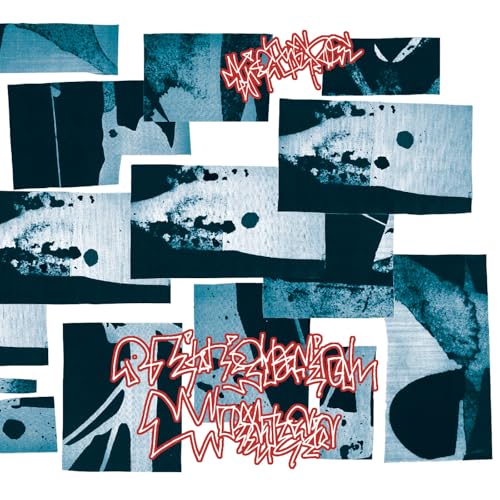 Collage of blue and white abstract shapes with red graffiti text.