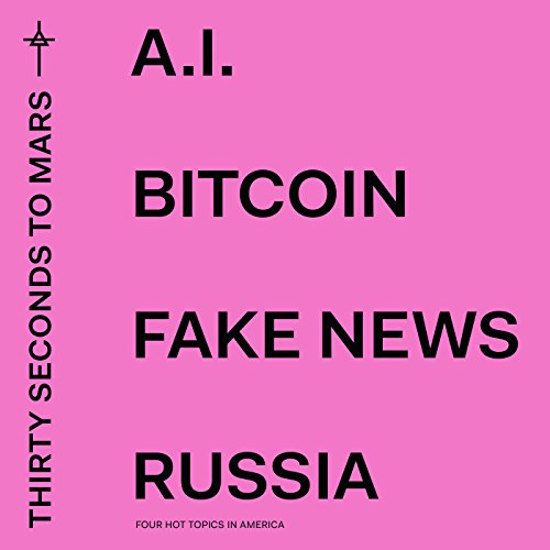 Pink album cover with black text listing A.I., Bitcoin, Fake News, and Russia.