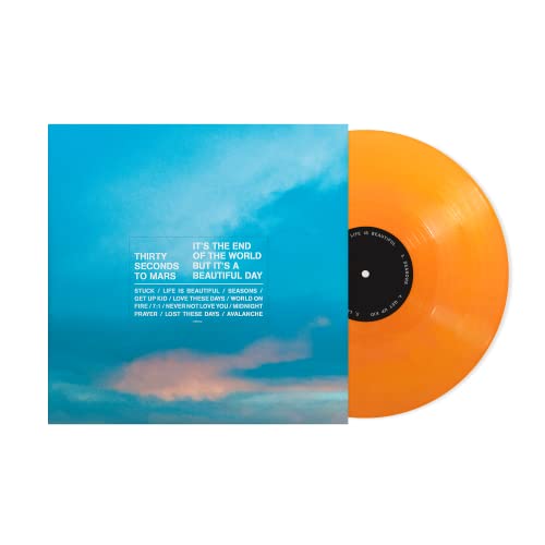 Thirty Seconds To Mars vinyl record with orange disc and blue cover.