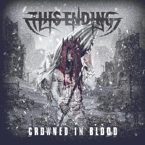 Figure with crown and blood-soaked clothing in a snowy, ruined landscape.