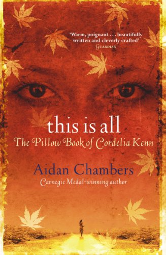 Book cover: eyes, falling leaves, a distant figure, orange and blue tones.