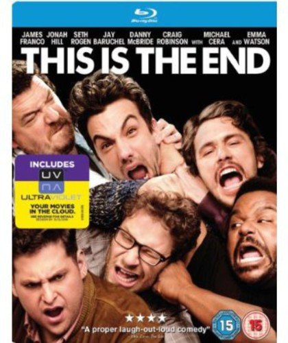"Blu-ray case cover with screaming men and title 'This Is The End'."